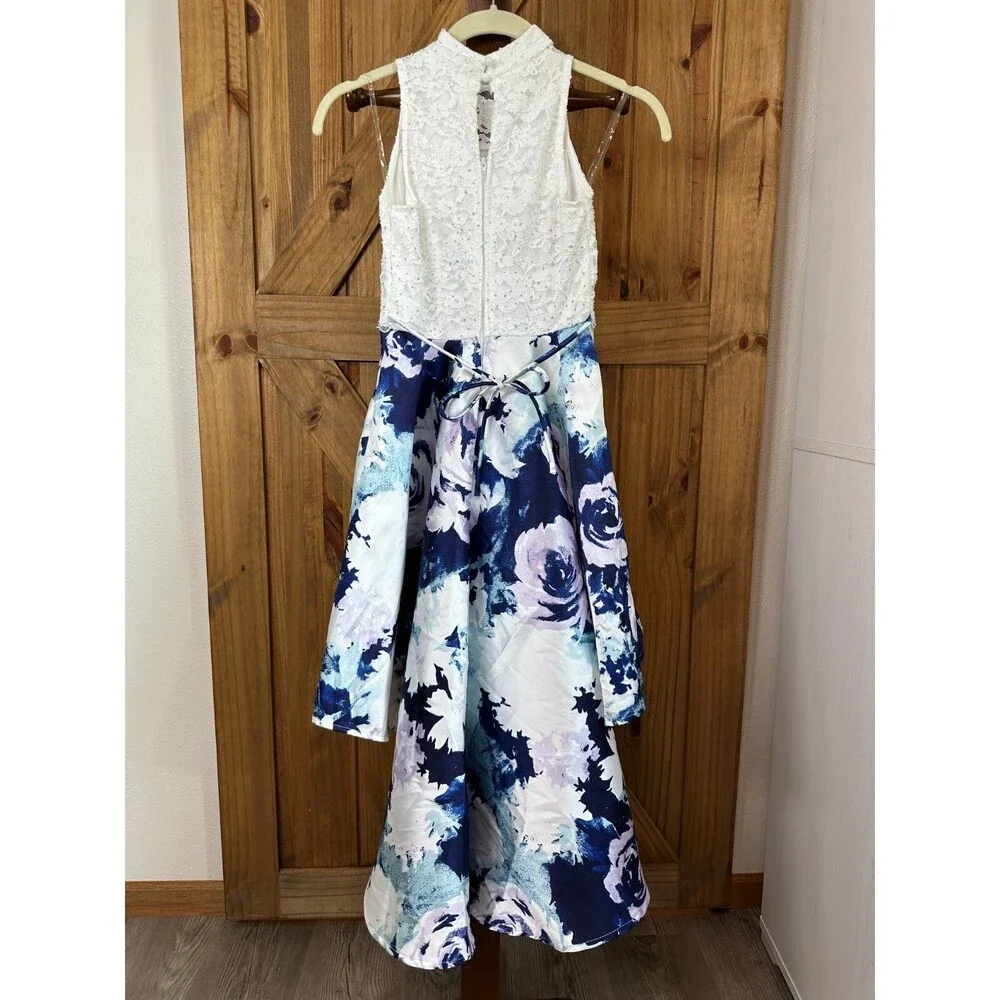 Floral High Low Dress White Lace Beaded Bodice Blue Satin Skirt Size 10 Formal